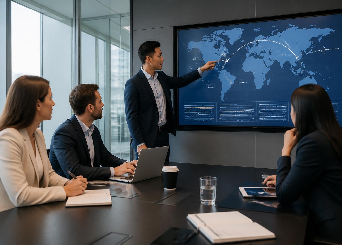 Corporate team reviewing international travel routes on a boardroom display