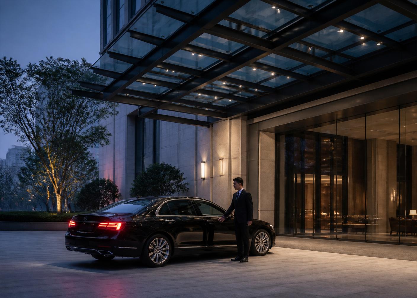 Executive vehicle and chauffeur waiting at a business hotel entrance